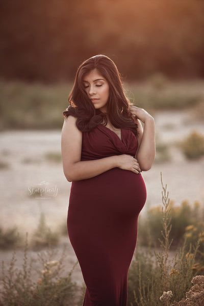 Rue Gown • Cowl Neck Maternity Gown • Fitted Knit Maternity Gown • Low Back Maternity Gown • by Sew Trendy