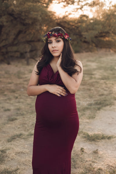 Rue Gown • Cowl Neck Maternity Gown • Fitted Knit Maternity Gown • Low Back Maternity Gown • by Sew Trendy