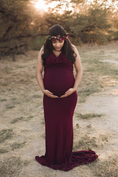 Rue Gown • Cowl Neck Maternity Gown • Fitted Knit Maternity Gown • Low Back Maternity Gown • by Sew Trendy