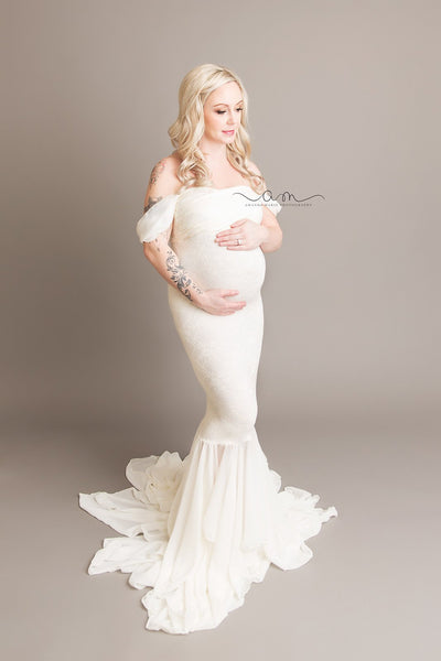 Samantha Gown • Sweetheart Lace and Chiffon Pregnancy Dress • Fitted Chiffon Mermaid Style Maternity Gown • by Sew Trendy