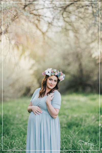 Vivian Gown • On the Shoulder Sleeve Maternity Gown • Maxi Style Sweetheart Soft Knit Maternity Gown • by Sew Trendy