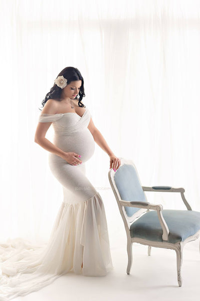 Samantha Gown • Sweetheart Lace and Chiffon Pregnancy Dress • Fitted Chiffon Mermaid Style Maternity Gown • by Sew Trendy