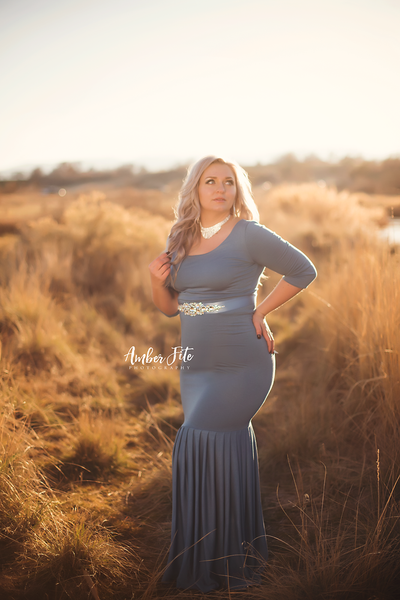 Eloise Gown • Fitted Maternity Gown • 3/4 Sleeve Maternity Gown • Slim Fit Mermaid Gown • Full Coverage Maternity Dress • Bridesmaid Dress • Event Gown • Photo Shoot • by Sew Trendy