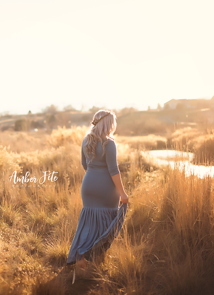 Eloise Gown • Fitted Maternity Gown • 3/4 Sleeve Maternity Gown • Slim Fit Mermaid Gown • Full Coverage Maternity Dress • Bridesmaid Dress • Event Gown • Photo Shoot • by Sew Trendy