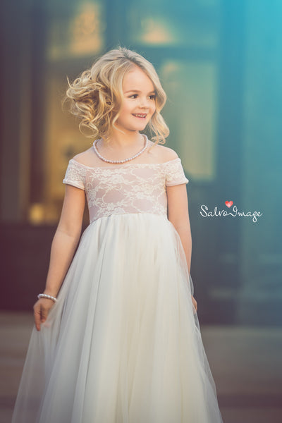 Claire Girls Vintage Inspired Gown • Full Circle Chiffon Skirt • Lace Off the Shoulder Top • Girls Couture • Princess Photo Shoot • Birthday Dress • by Sew Trendy