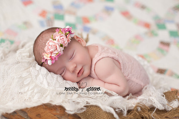 Mini Avery in Pink Newborn Floral Crown • Newborn Flower Crown • Simple Crown • Bohemian Crown • Ivory Floral Crown • Dainty Floral Crown | READY TO SHIP • by Sew Trendy