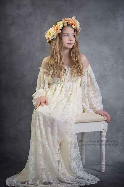Katie Gown • Girls Lace Gown • Vintage Gown • Nightgown • Chemise • Off The Shoulder • Bohemian Style Dress • Renaissance Gown • by Sew Trendy