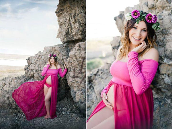Roxy Gown • Long Sleeve Maternity Gown • Split Front Gown • Chiffon Maternity Gown • Maternity Dress • Maxi Dress • by Sew Trendy