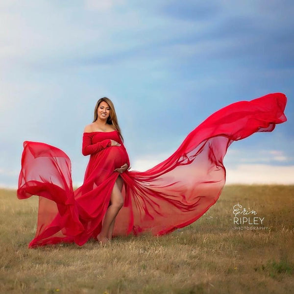 Erin Gown • Long Flowing Chiffon Gown • Off the Shoulder Long Sleeve Sheer Chiffon Straight Top Maternity Gown • by Sew Trendy