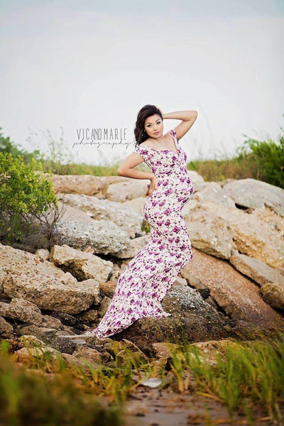 Floral Audrey Gown • Plum and Taupe Floral Gown • Fitted Maternity Gown • Taupe Gown •  Cap Sleeve Maternity Gown • Slim Fit Gown • Sweetheart Style Dress • Bridesmaid Dress  • Event Gown • Photo Shoot • by Sew Trendy