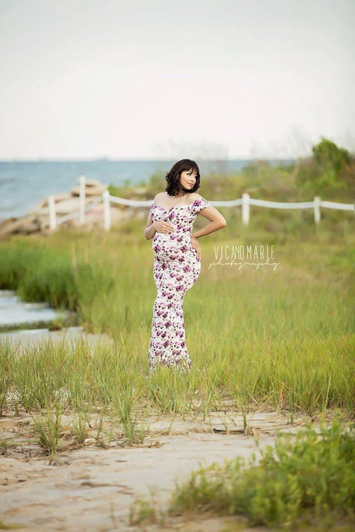 Floral Audrey Gown • Plum and Taupe Floral Gown • Fitted Maternity Gown • Taupe Gown •  Cap Sleeve Maternity Gown • Slim Fit Gown • Sweetheart Style Dress • Bridesmaid Dress  • Event Gown • Photo Shoot • by Sew Trendy