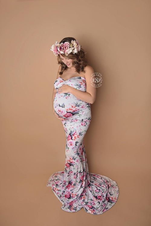 Floral Jessica Gown • Grey Floral Gown • Fitted Maternity Gown • Grey Gown • Cap Sleeve Maternity Gown • Slim Fit Gown • Sweetheart Style Dress • Bridesmaid Dress  • Event Gown • Photo Shoot • by Sew Trendy
