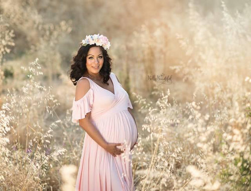 Georgia Gown • Tank Style Ruffled Maternity Gown • Peek-a-Boo Sleeve Maternity Gown • Open Shoulder Gown • Hi Low Knit Maternity Gown • Peek-a-Boo Sleeve Dress • Soft Knit Maternity Gown • Bohemian Dress • by Sew Trendy