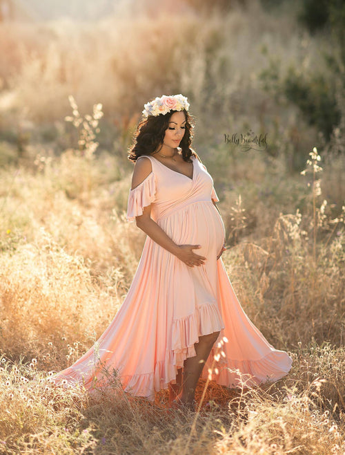Georgia Gown • Tank Style Ruffled Maternity Gown • Peek-a-Boo Sleeve Maternity Gown • Open Shoulder Gown • Hi Low Knit Maternity Gown • Peek-a-Boo Sleeve Dress • Soft Knit Maternity Gown • Bohemian Dress • by Sew Trendy