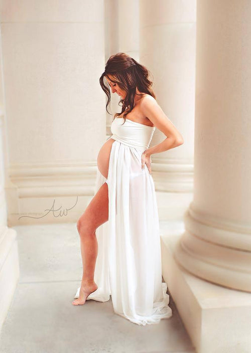 Kaleigh Gown • Sheer Chiffon Maxi Style Maternity Gown • Straight Top Bridesmaid Gown • Strapless Flowy Gown   by Sew Trendy