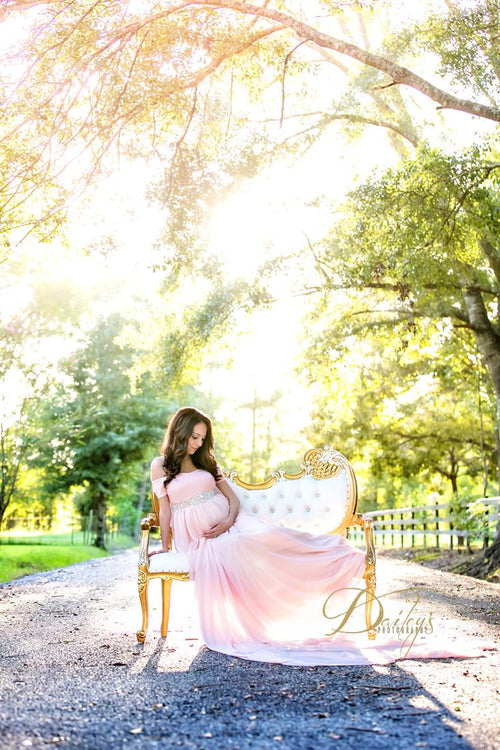 Lexcie Gown • Long Flowing Sheer Maternity Gown • Chiffon Sweetheart Style Gown • Off Shoulder Cap Sleeve Maternity Gown • by Sew Trendy