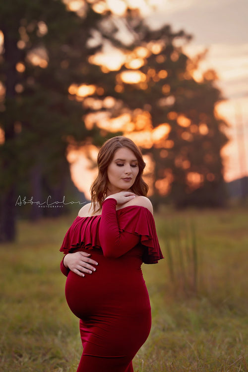 Crisanta Gown • Fitted Maternity Gown • Ruffle Top Maternity Gown • Off Shoulder Maternity Gown • Long sleeve maternity gown • Bridesmaid Dress  • fitted maternity gown • Photo Shoot • by Sew Trendy
