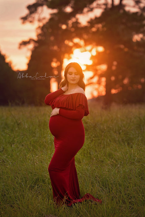 Crisanta Gown • Fitted Maternity Gown • Ruffle Top Maternity Gown • Off Shoulder Maternity Gown • Long sleeve maternity gown • Bridesmaid Dress  • fitted maternity gown • Photo Shoot • by Sew Trendy