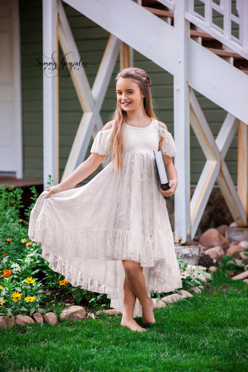 Abby Gown • Girls Hi Low Gown • Girls Peek a Boo shoulder Gown • Girls Lace Dress • Accent Ruffle Gown • by Sew Trendy • by Sew Trendy