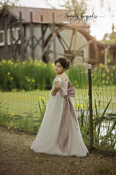 Claire Girls Vintage Inspired Gown •  Full Circle Chiffon Skirt • Lace Off the Shoulder Top • Girls Couture • Princess Photo Shoot • Birthday Dress • by Sew Trendy