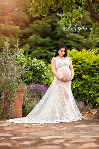 Dahlia Gown • Couture Bridal Mesh Gown • Hand Embroidered Maternity Gown • Maternity Dress • Pregnancy Gown • Bridesmaid Dress • Senior Photos • Photo Shoot • Boho Dress | by Sew Trendy