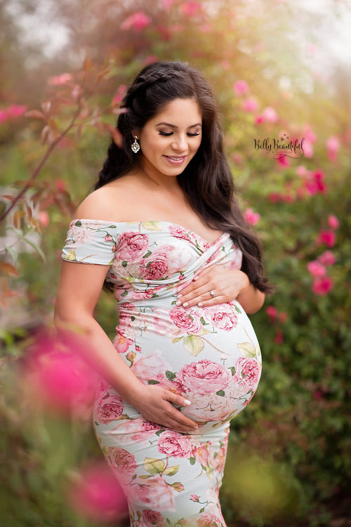 Floral Audrey Gown • Mint Floral Gown • Fitted Maternity Gown • Mint Gown •  Cap Sleeve Maternity Gown • Slim Fit Gown • Sweetheart Style Dress • Bridesmaid Dress  • Event Gown • Photo Shoot • by Sew Trendy