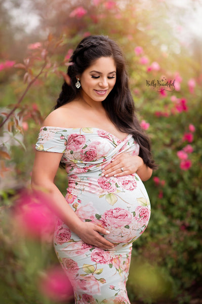 Floral Audrey Gown • Mint Floral Gown • Fitted Maternity Gown • Mint Gown •  Cap Sleeve Maternity Gown • Slim Fit Gown • Sweetheart Style Dress • Bridesmaid Dress  • Event Gown • Photo Shoot • by Sew Trendy