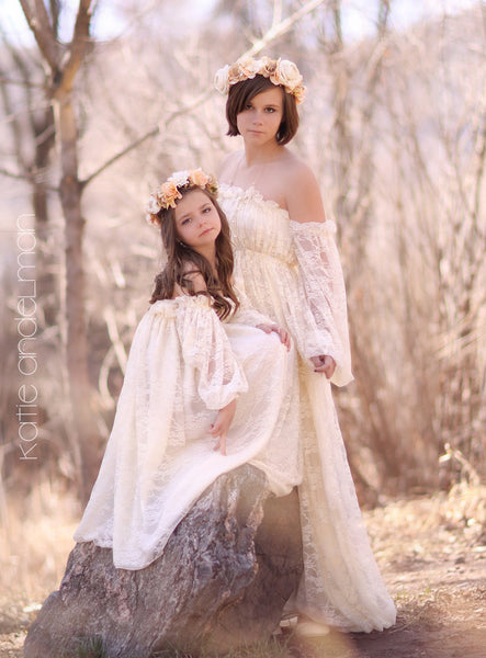 Katie Gown • Girls Lace Gown • Vintage Gown • Nightgown • Chemise • Off The Shoulder • Bohemian Style Dress • Renaissance Gown • by Sew Trendy