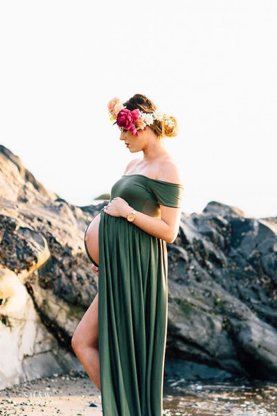 Kelly Gown • Off the Shoulder Maternity Gown • Cap Sleeve Pregnancy Dress • Heavy Knit Gown • Maxi Style Maternity Gown • by Sew Trendy