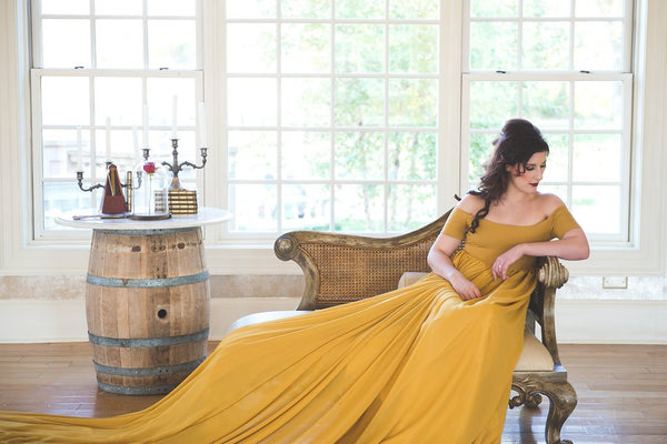 Mallory Gown • Long Flowing Off the Shoulder Short Sleeve Sheer Chiffon Straight Top Maternity Gown • by Sew Trendy