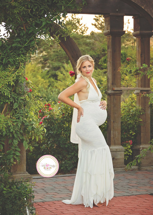 Cecily Gown • Lace Mermaid Style Pregnancy Gown • Halter Gown • Halter Style Maternity Gown • by Sew Trendy