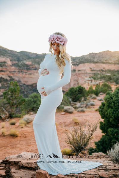 Krysten Gown • Boat Neck Slim Fit Maternity Gown • Long Sleeved Slim Dress • Droop Back Gown • by Sew Trendy