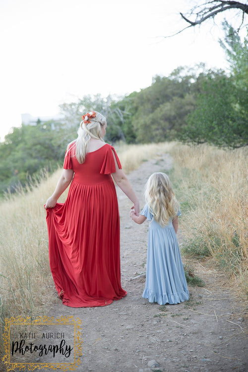 Mommy & Me Gown Set • Faline & Frankie Set • Flutter Sleeve Knit Maternity Gown • Girls Flutter Sleeve Ruffled Gown • by Sew Trendy