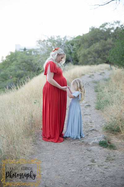 Mommy & Me Gown Set • Faline & Frankie Set • Flutter Sleeve Knit Maternity Gown • Girls Flutter Sleeve Ruffled Gown • by Sew Trendy