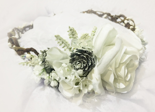 Neva White Crown • Winter Floral Pinecone Crown • Vintage Grapevine Floral • Maternity Crown • Flower Girl Headpiece | Ready To Ship • by Sew Trendy