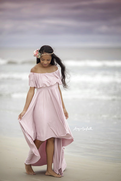 Keeley Gown • Hi Low Maternity Gown • Flowy Fit Maternity Gown • Off The Shoulder Gown • Knit Maternity Gown • Maxi Dress • Pregnancy Dress • by Sew Trendy