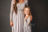 Megan Gown • Long Sleeve Gown • Lace Maternity Gown • Straight Top Stretch Knit Dress •  Maxi Style Maternity Gown • by Sew Trendy