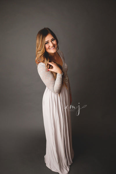 Megan Gown • Long Sleeve Gown • Lace Maternity Gown • Straight Top Stretch Knit Dress •  Maxi Style Maternity Gown • by Sew Trendy