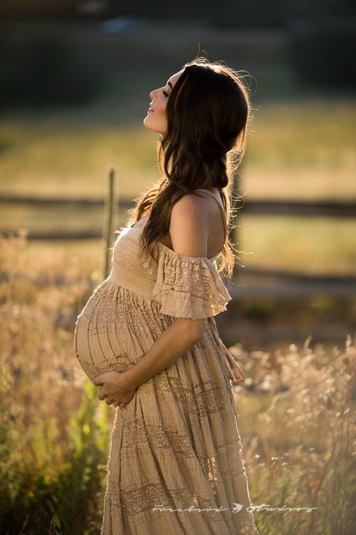Edith Ruffled Lace Maternity Gown • Tank Style Maternity Gown • Boho style maternity gown • Peek-a-Boo Sleeve Maternity Gown • Cold Shoulder Gown • Lace Maternity Gown • by Sew Trendy