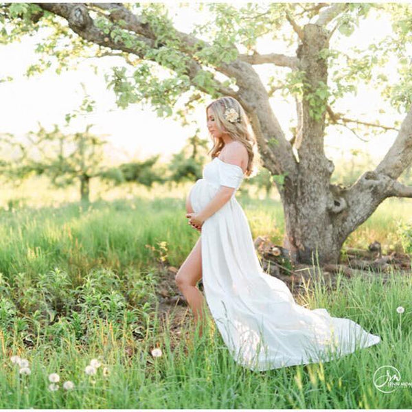 Cameron Gown • Off the Shoulder Gown • Cap Sleeve Pregnancy Dress • Sheer Chiffon Maternity Gown • by Sew Trendy