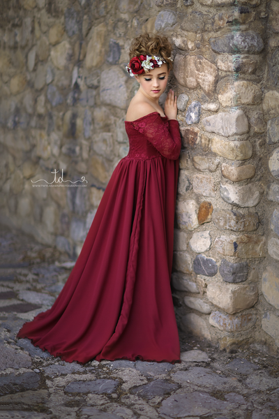 Cynthia Girls Gown •  Full Circle Chiffon Skirt • Lace Off the Shoulder Top • Girls Couture • Princess Photo Shoot • Birthday Dress • by Sew Trendy