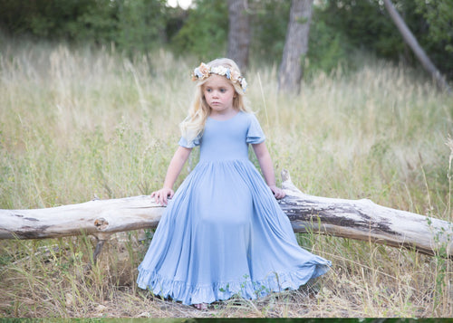 Frankie Girls Gown • Flutter Sleeve Gown • Knit Ruffled Girls Dress • Tea Length Full Circle Dress • by Sew Trendy