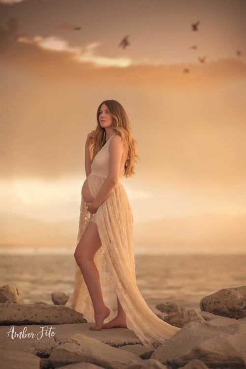 Marshay Gown • Stretch Sheer Pregnancy Gown • Lace Halter Style Maternity Dress • by Sew Trendy