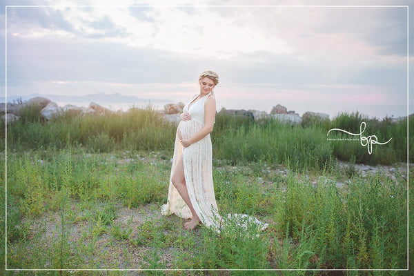 Marshay Gown • Stretch Sheer Pregnancy Gown • Lace Halter Style Maternity Dress • by Sew Trendy