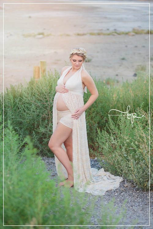 Marshay Gown • Stretch Sheer Pregnancy Gown • Lace Halter Style Maternity Dress • by Sew Trendy