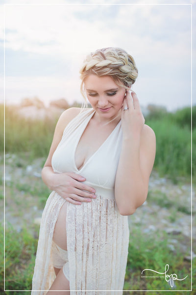 Marshay Gown • Stretch Sheer Pregnancy Gown • Lace Halter Style Maternity Dress • by Sew Trendy