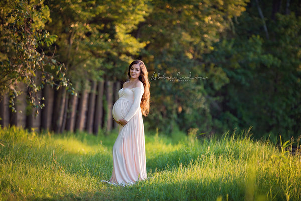 Breanna Gown • Knit Off the Shoulder Gown • Long Sleeve Sweetheart Gown • Maternity Dress • Pregnancy Gown • Maternity Photos • Knit Gown • by Sew Trendy