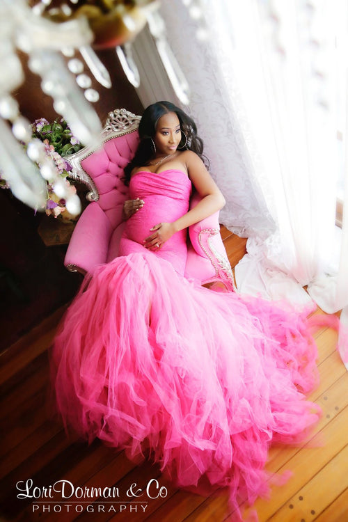 Celine Gown • Sweetheart Lace and Tulle Pregnancy Dress • Fitted Mermaid Style Maternity Gown • by Sew Trendy