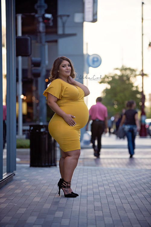 Halley Dress • Flutter Sleeve Maternity Dress • Knit Flutter Sleeve Maternity Cocktail Gown • Sweetheart Top Cocktail Dress • Knee Length Maternity Gown • Slim Fit Gown • by Sew Trendy