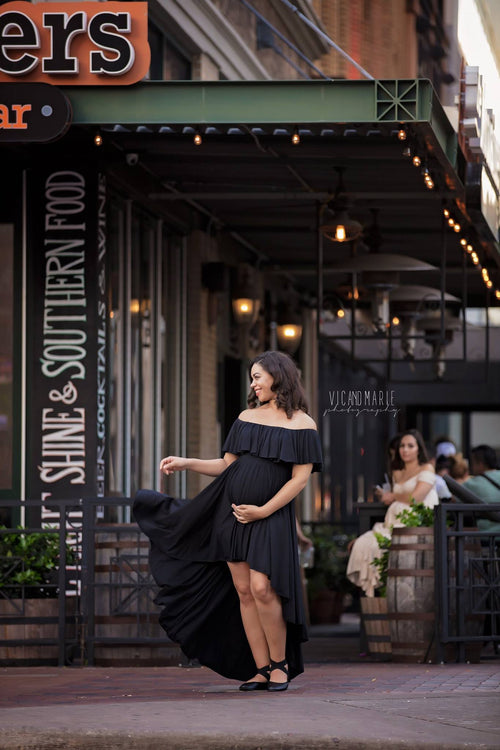 Keeley Gown • Hi Low Maternity Gown • Flowy Fit Maternity Gown • Off The Shoulder Gown • Knit Maternity Gown • Maxi Dress • Pregnancy Dress • by Sew Trendy